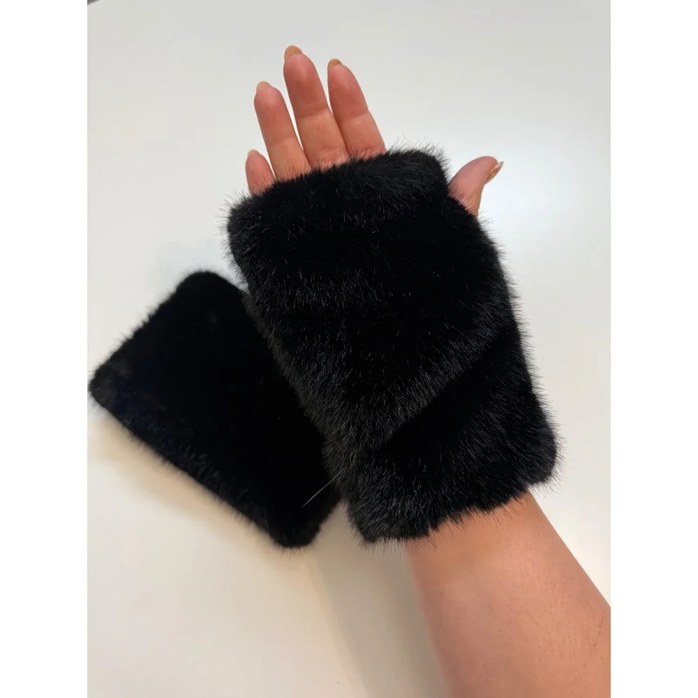 Black Faux Fur Fingerless Gloves Plush Winter Hand Warmers Wrist Cuffs